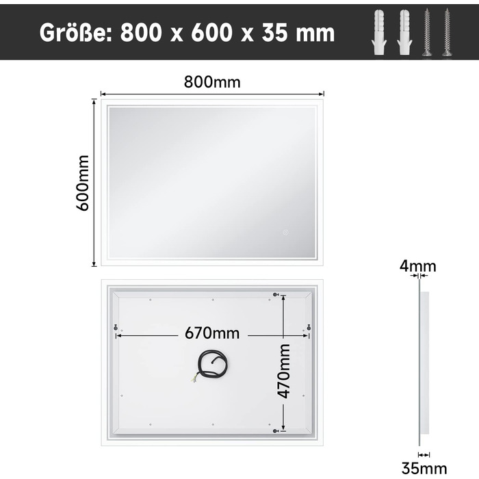 Дзеркало для ванної кімнати SONNI з підсвічуванням 80x60 см, 3 кольори світла, проти запотівання, LED, сенсорна кнопка, годинник, температура, 3-кратне збільшення