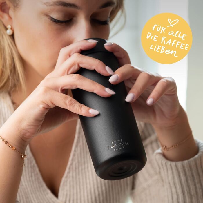 Термокружка SILBERTHAL 350 мл з нержавіючої сталі та керамікою – термокружка для кави з кришкою, що не протікає, чорного кольору – зберігає тепло до 6 годин та холод до 12 годин