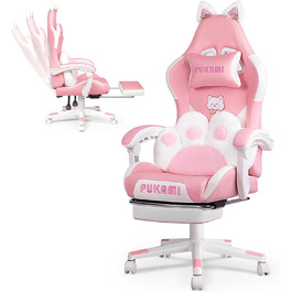 Ігровий крісло Waleaf з підголовником у вигляді лапки кота та вушками, ергономічний геймерський крісло з підніжкою, регульоване крісло для комп'ютера з PU шкіри для дівчаток-підлітків, ігрове крісло 135кг, рожеве