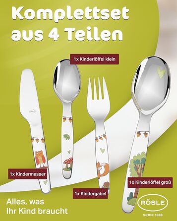 Дитячий набір столових приборів RÖSLE 'Waldfreunde' (4 шт.) з нержавіючої сталі 18/10, для дітей від 3 років, придатний для миття в посудомийній машині, чудовий подарунок на хрещення для хлопчиків та дівчаток
