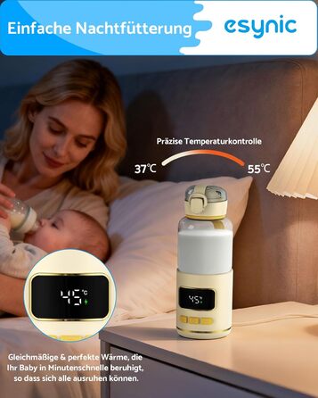 eSynic Підігрівач для пляшечок 450мл з акумулятором 15000mAh, портативний, швидкий нагрів (2-3 хв), для дитячого харчування та води, USB-C, BPA-free, з боросилікатного скла, для подорожей та нічного годування