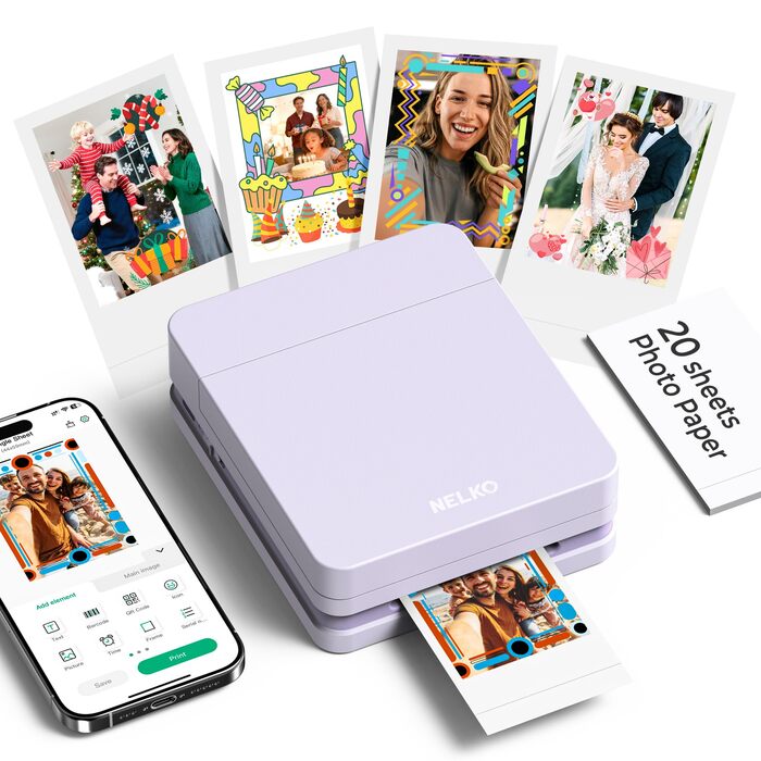 Портативний міні-фотопринтер Nelko PP01: кольоровий, для смартфонів iOS & Android, з 20 паперами, наклейки, AI APP, фіолетовий