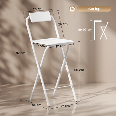 Набір барних стільців (2 шт.), складні, з металевим каркасом, спинкою та підніжкою, для кухні, 37 x 45 x 87 см, білі