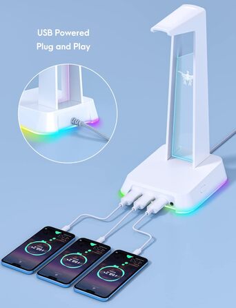 Підставка для навушників PHNIXGAM RGB з концентратором AUX & USB, універсальний тримач для гарнітури для геймерів (білий)