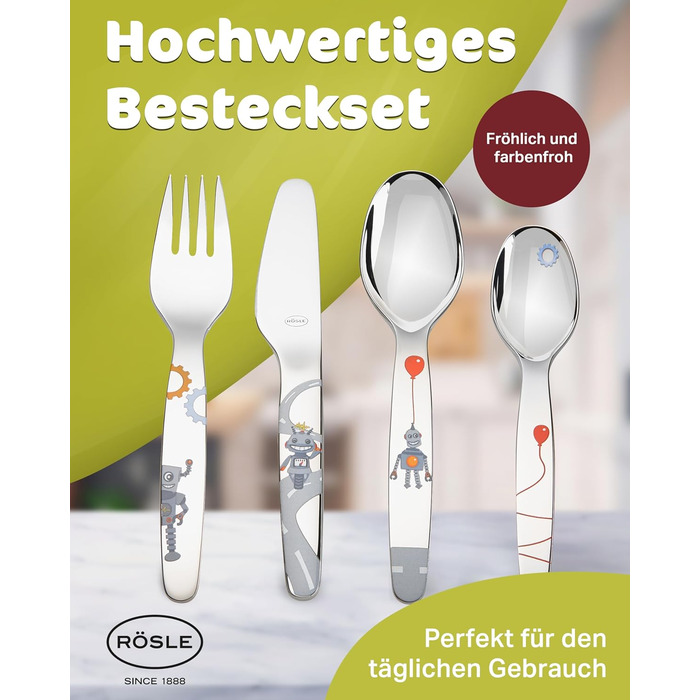 Набір дитячого посуду RÖSLE Kinderbesteck – 4 предмети з нержавіючої сталі 18/10, для дітей від 3 років, безпечний, можна мити в посудомийній машині, чудовий подарунок на хрещення, дизайн 'Маленький робот'