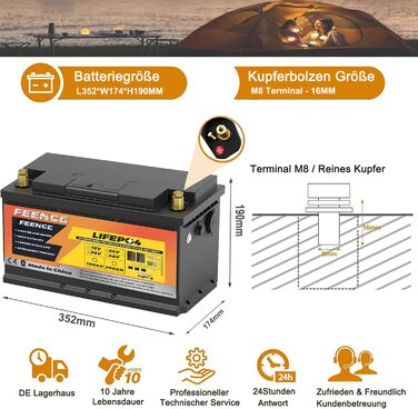 Акумуляторна батарея Feence Mini 12V 100Ah LiFePO4, 100A BMS, 15000 циклів, 10 років, для автофургонів, автофургонів, морських, автономних