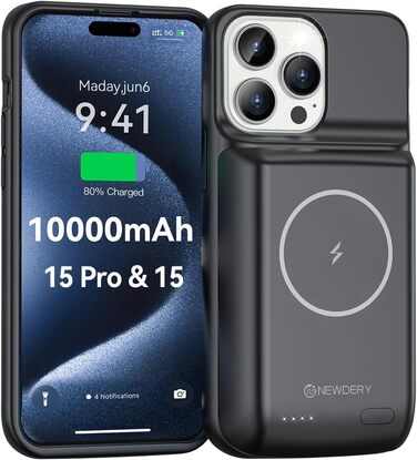 Чохол для акумулятора NEWDERY для iPhone 15 Pro/15, бездротова зарядка Qi 10000 мАг, портативний зарядний пристрій (6.1', чорний)