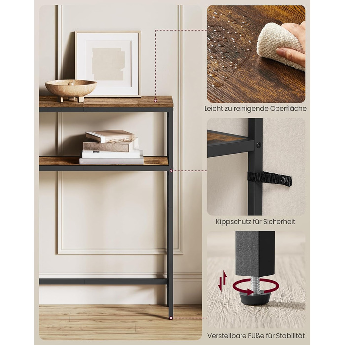 Консоль VASAGLE - вузький столик для вітальні/коридору з 2 полицями, 20 x 100 x 80 см, антрацит-чорний, LNT131B22