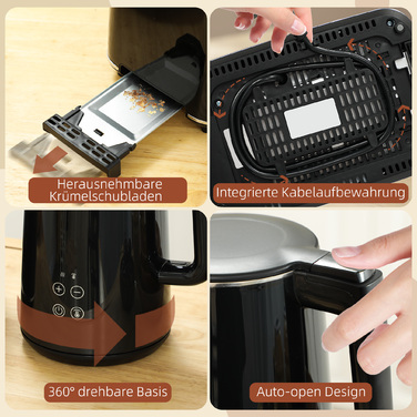 Комплект кухонних приладів: чайник та тостер, 7 рівнів підсмажування, швидке кип'ятіння, нержавіюча сталь, пластик, чорний