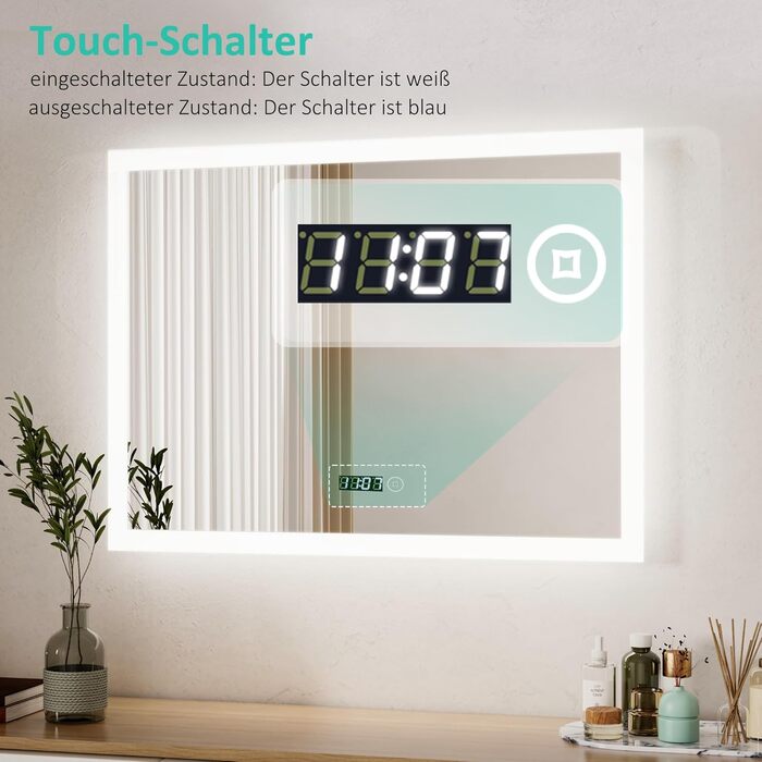 Дзеркало для ванної кімнати Boromal з підсвічуванням та годинником 50x70 см, LED, 3 кольори, регулювання яскравості, сенсорне керування