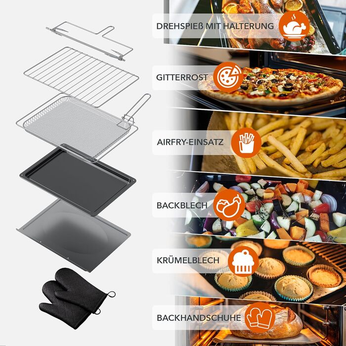 Багатофункціональна міні-піч Heinrich's з об'ємом 48л, конвекція, таймер 8год, підсвітка, 100-230°C, сенсорне керування, з аксесуарами, чорна, 2000W