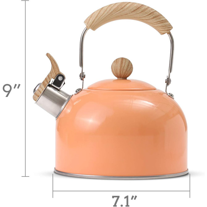 Індукційний чайник для води, Флейтовий чайник для всіх типів плит, похідний чайник з нержавіючої сталі з дерев'яною ручкою, Вінтажний чайник з прохолодною ручкою об'ємом 2,3 л (Жовтий)