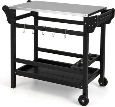 Гриль-візок Komfotteu з нержавіючою сталею, столиця для гриля, візок для сервірування з полицями для спецій, вина та гачками, для зони відпочинку