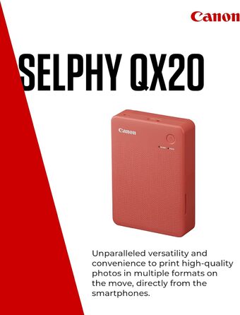 Canon Selphy QX20: Портативний фотопринтер для смартфонів. Друк через Wi-Fi, термосублімація, 2 розміри наклейок, зарядка USB-C. Колір: теракота (без чорнил/паперу)