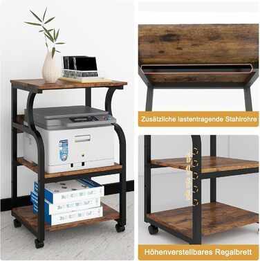 Регульований стіл для принтера PUNCIA з 3 ящиками, на коліщатках, 50x40 см, дерево & метал, для офісу/кабінету, ретро