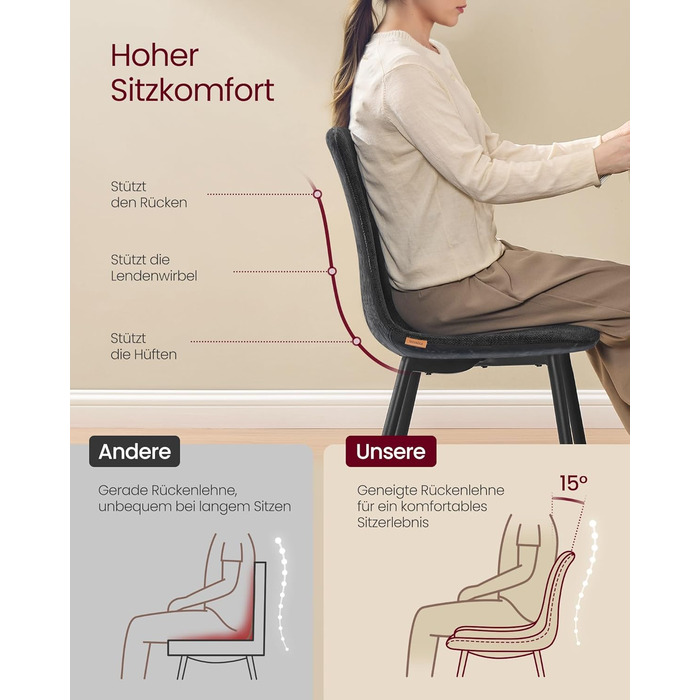 Набір з 2-х обідніх стільців VASAGLE, сірий, з м'яким сидінням, металеві ніжки, регульовані, з тканини Chenille, PU з малюнком, легкий у догляді