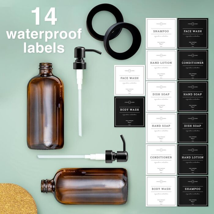 Набір дозаторів для мила 2 шт. для кухні та ванної кімнати, нержавіюча сталь, скло Amber, 475 мл, з водонепроникними етикетками (матова чорна)