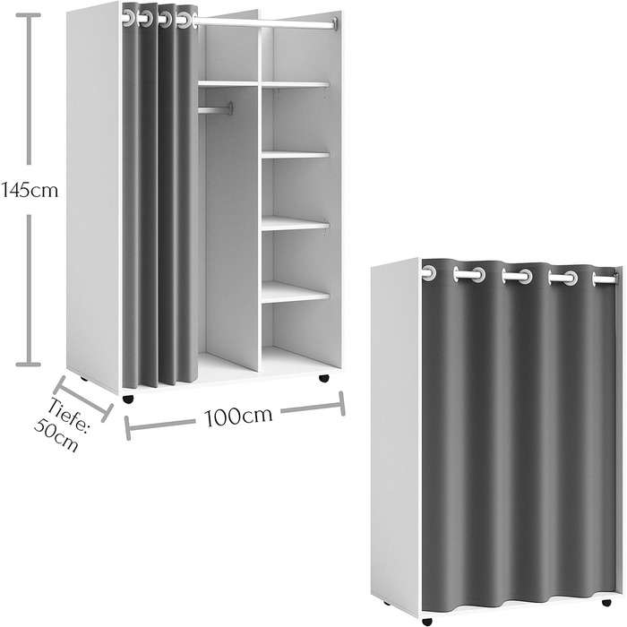 Мобільна шафа-купе Stella Trading JENKE на коліщатках, біла з тканинною шторою - універсальна універсальна шафа-купе з розумними внутрішніми перегородками - 100 x 145 x 50 см (Ш/В/Г)