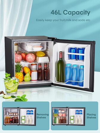 Міні-холодильник FOHERE 46L з відділенням для льоду | Компактний холодильник | Регулювання температури, енергозбереження, тиха робота | Холодильник для напоїв ідеально підходить для офісу, кемпінгу та геймінгу | Змінний бік відкривання дверцят | Чорний