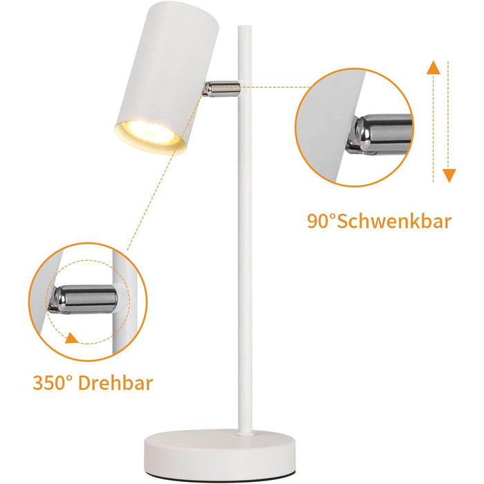 Настільна лампа для вітальні, спальні та офісу: поворотна 350°, цоколь GU10, металева, з вимикачем, білий (2 шт.)