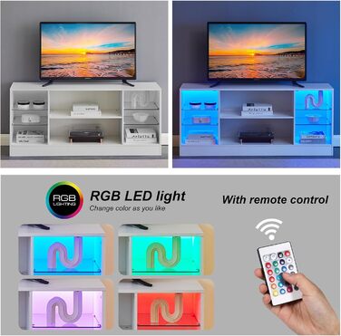 Тумба під телевізор CLIPOP Hochglanz Weiß з LED-підсвіткою, 130x34x57 см - ТВ тумба з скляною полицею для вітальні