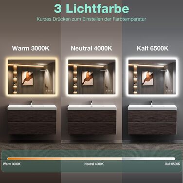 Дзеркало для ванної кімнати GIMBELEN LED з підсвічуванням 80x60 см, прямокутне, сенсорне керування, регулювання яскравості, 3 кольори світла, антизапарник, вертикальна/горизонтальна установка