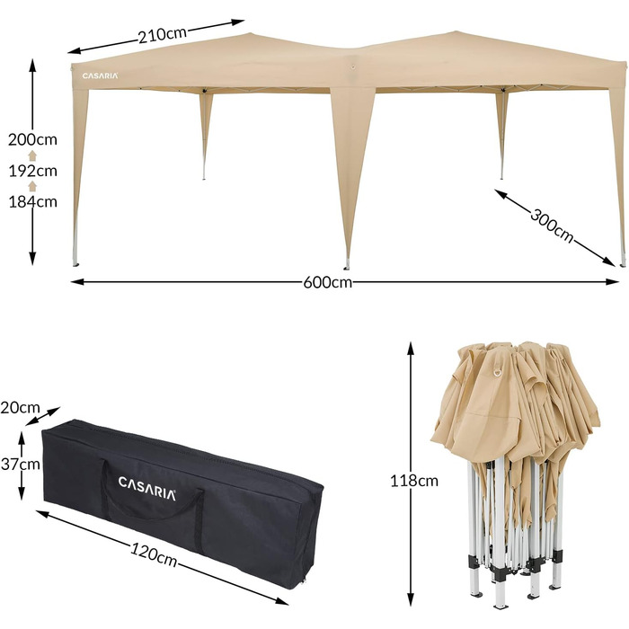 Альтанка Casaria Capri 3x6 м Висувний бежевий Водовідштовхувальний засіб в т.ч. Сумка Захист від ультрафіолету Намет з навісом Садовий намет Marquee Tent