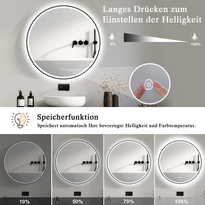 Дзеркало для ванної кімнати з підсвічуванням LED, кругле, 50 см, сенсорне керування, регулювання яскравості, функція пам'яті, захисне скло HD, захист від вибуху, Bluetooth, антизапар, металевий каркас, 60x60 см