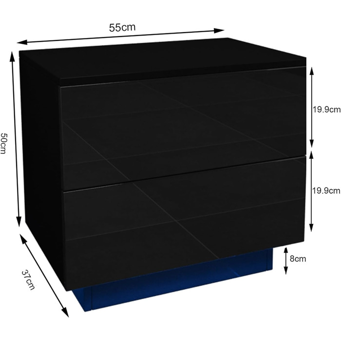 Тумбочка Dripex зі світлодіодом, 2 ящики, High Gloss Black, 55x37x50 см, для спальні/вітальні