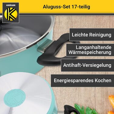 Набір з литого алюмінію Krger 17 предметів - Герметичний набір каструль і сковорідок з антипригарним покриттям з кухонним гаджетом - висока термостійкість і тривале зберігання тепла (м'ята)