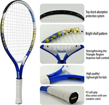 Тенісна ракетка Senston 19/23/25 комплект тенісних ракеток цільного дизайну з тенісною сумкою,накладкою,демпфером вібрації (мультяшний синій, 17 дюймів)