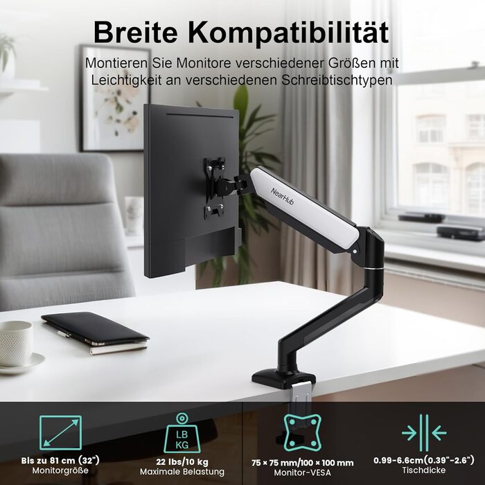 Кріплення для монітора NearHub 2 монітори, 13-32 дюйми, поворотне, нахильне, 360° оберт, VESA 75/100 мм, клямка/прохідний кріплення, до 10 кг