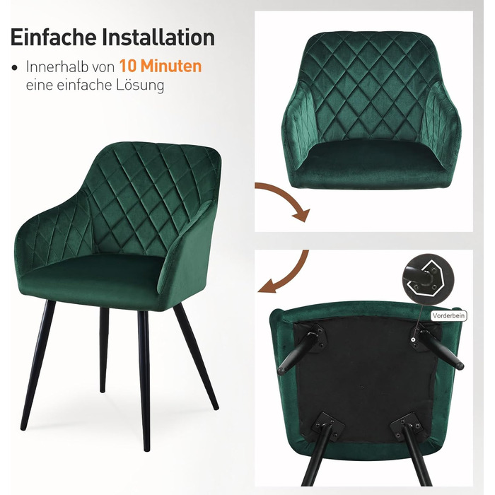 Крісла для їдальні CLIPOP, комплект 4 шт., обтягнуті оксамитом, з металевими ніжками, для вітальні, кухні, їдальні (4 шт., оксамит, зелений)