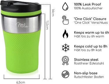 Теплова кружка Milu ізольована кружка кавова кружка to go-100 герметична-чашка для пиття з нержавіючої сталі-Автомобільна кружка з подвійними стінками ізоляція-Термо кружка-Дорожня кружка (210 мл, Зелена)