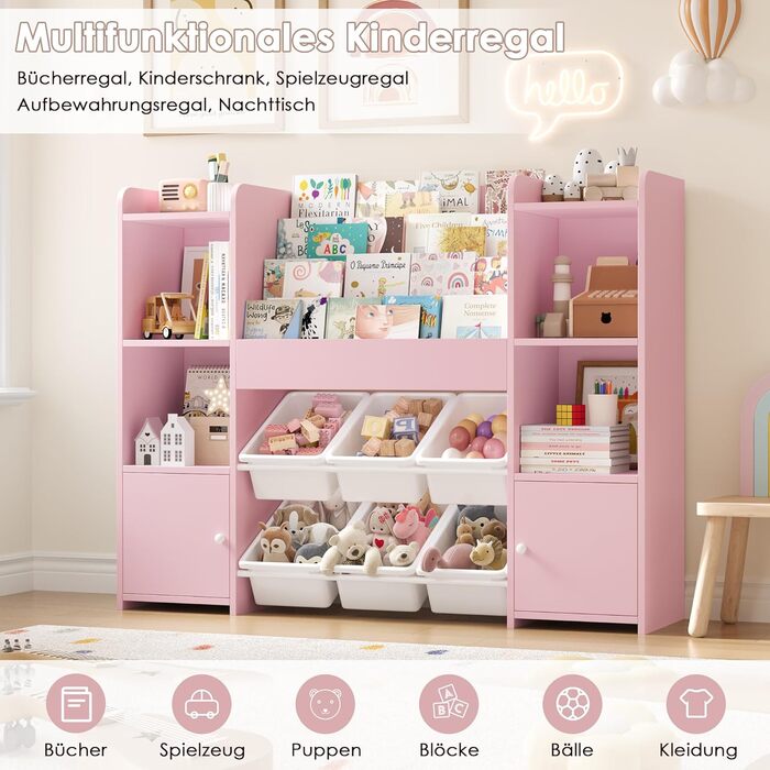 FOREHILL Дитяча полиця-стеллаж для іграшок та книг з 6 ящиками, 119 x 29,5 x 94 см, білий (рожевий)