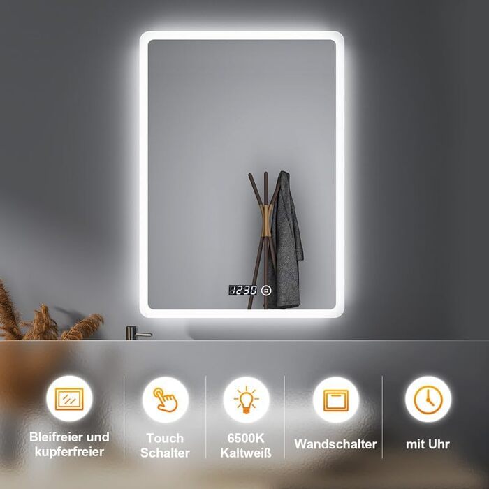 Дзеркало для ванної кімнати Badspiegel 50x70 см з годинником, 3 кольори підсвічування, сенсорний вимикач, прямокутне, 50x70x3.5 см