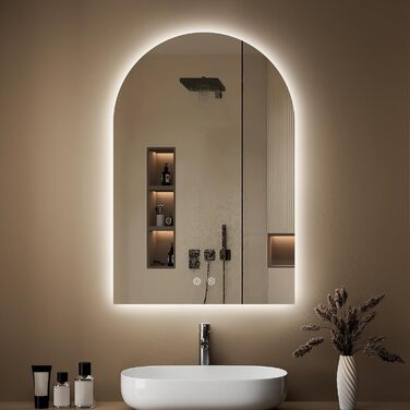 Дзеркало для ванної кімнати OUMUSU з підсвічуванням, 50x75 см, без рами, арочне, антизапотівальне, сенсорне керування, диммування, 3 кольори світла