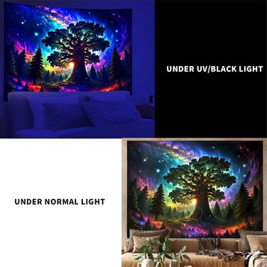 Гобелен Arsey Blacklight Forest Trippy UV реактивний, Дерево Зірки Галактика, 300x180см, Багатобарвистий, XXXL