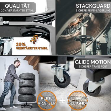 Преміум-підставка для шин на колесах (295 мм, 150 кг) - 4 шини. Чорна, мобільна, для зберігання шин