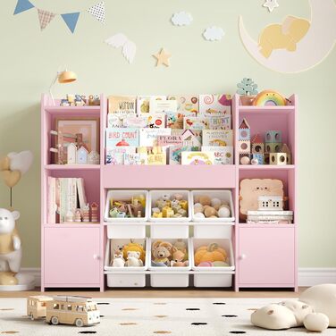 FOREHILL Дитяча полиця-стеллаж для іграшок та книг з 6 ящиками, 119 x 29,5 x 94 см, білий (рожевий)