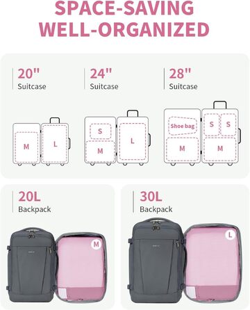 Набір органайзерів для валізи ECOHUB, 6 шт. — Подорожні сумки-кубики з ID-тегами, дихаючі легкі органайзери для одягу та рюкзака з перероблених матеріалів (Темно-рожевий)