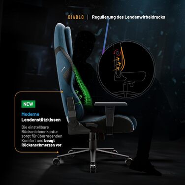 Ігровий крісло Diablo Gaming X.One Prime з підголівником та системою охолодження. Міцний металевий каркас, регульовані підлокітники. Макс. навантаження 140 кг.