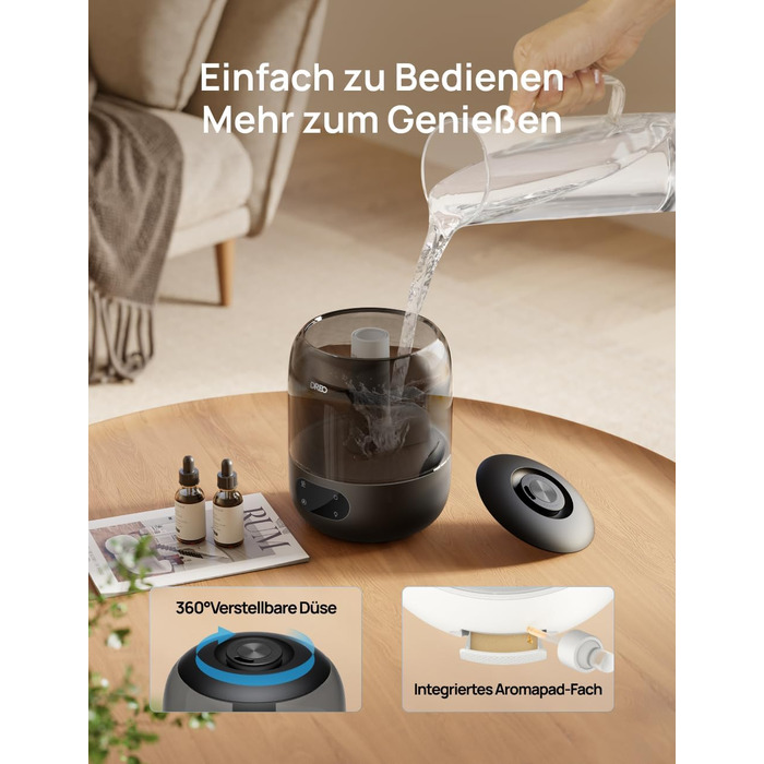 Зволожувач повітря Dreo для спальні, ультразвуковий пристрій холодного туману з 30 годинами роботи, резервуар 3L з верхнім заповненням, датчик вологості, нічне світло для дітей, кімнати, рослин та дому, чорний