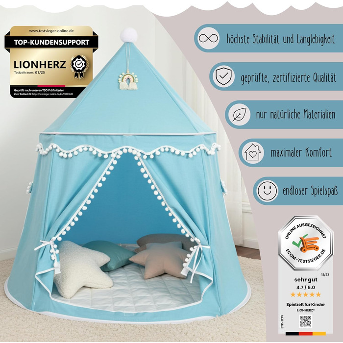 Дитячий намет LIONHERZ® DAS ORIGINAL: Принцесин замок з бавовни та льону | З фібергласовими стержнями та сумкою | Стабільний намет-тіпі для дівчаток (без аксесуарів)