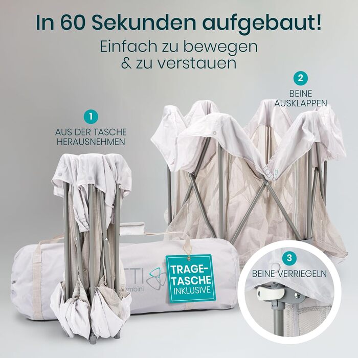 Дитячий манеж Tutti Bambini Laufstall - портативний, з сіткою 360°, швидко складається, з кишенькою та матом, 135x135x75 см (сріблястий)