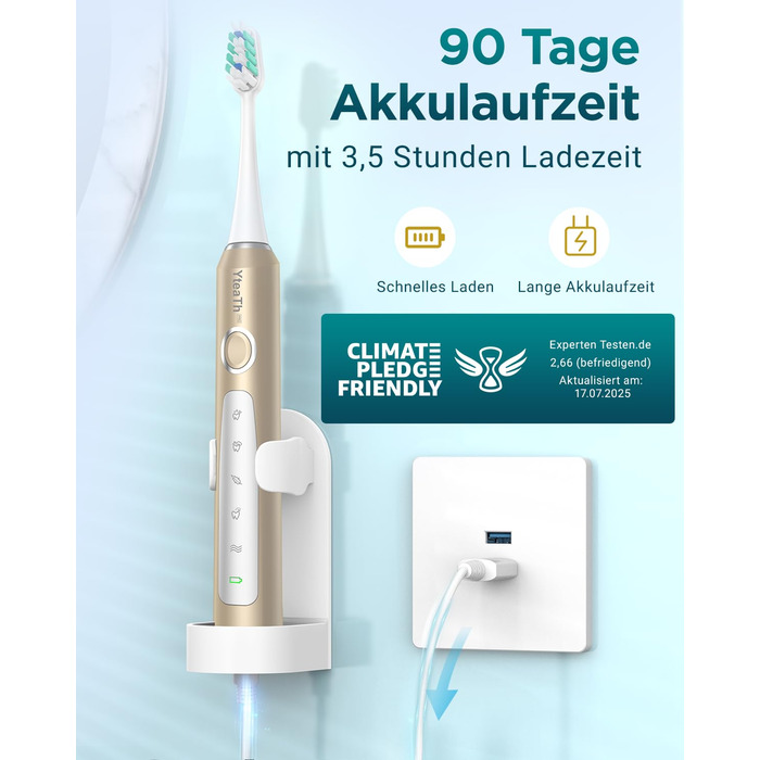 Електрична зубна щітка для дорослих і дітей - звукова, 8 насадок (3 типи), 90 днів роботи, 5 режимів, 50000VPM, кейс для подорожей, таймер (Золота)