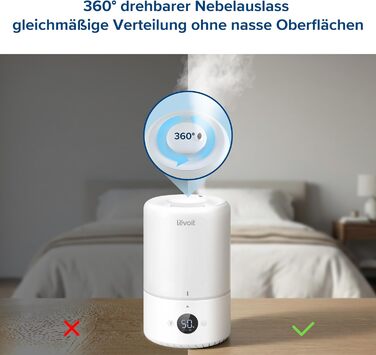 Зволожувач повітря Levoit Smart для спальні та дитячої кімнати, 3 л, кремовий. З сенсором вологості, тихий (20 дБ), з обертовою насадкою 360° для рослин.