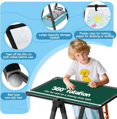 Дитяча мольберт Kinderstaffelei: двосторонній, металевий, регульований по висоті, 360° обертання, дошка для малювання та письма з літерами та цифрами (чорний)