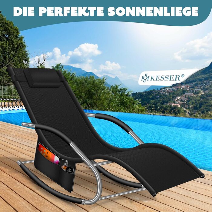 Крісло-шезлонг KESSER® для відпочинку на вулиці | Садове крісло-шезлонг | Крісло-гойдалка | Зручне крісло з підголовником | Чорний | Макс. 150 кг