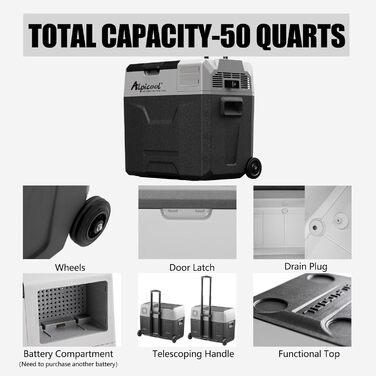 Автомобільний холодильник Alpicool CX50 50л компресорний, портативний, з USB, колесами та телескопічною ручкою для авто, кемпінгу, вантажівок, човнів